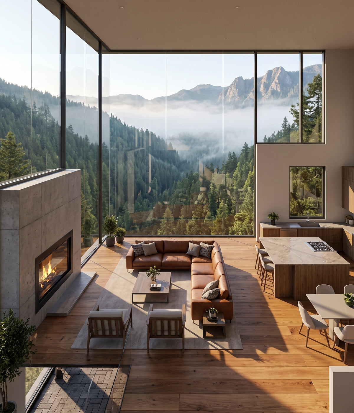 A modern open-concept living space with floor-to-ceiling windows overlooking a misty mountain forest. The interior features a large brown sectional sofa, a concrete fireplace, wood flooring, and a wood kitchen island with dining chairs.