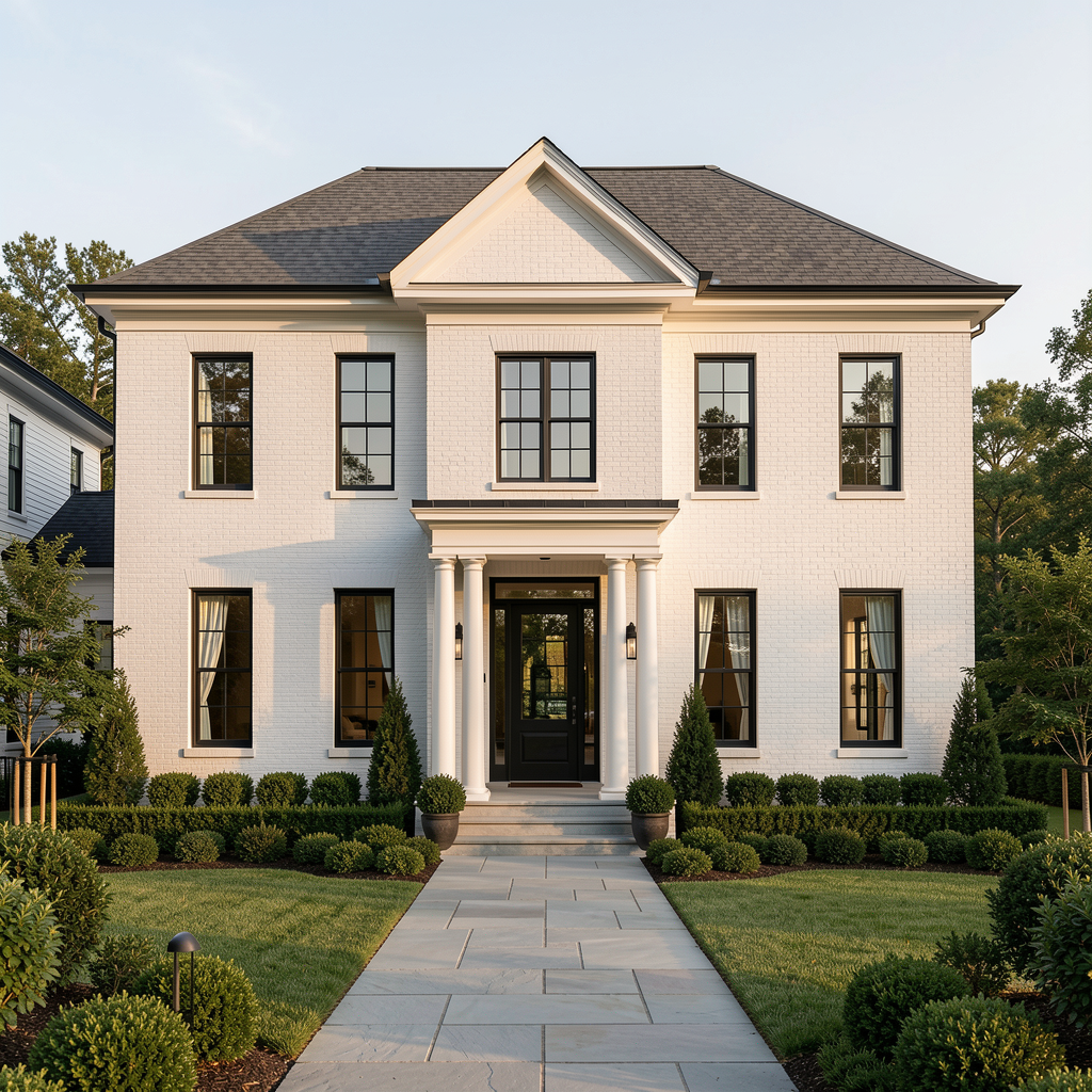 A large white brick two-story house with black trim, tall multi-pane windows, a central portico with columns, and a stone walkway leading to the front door, set in a landscaped lawn with shrubs and trees. floor plan to render ai