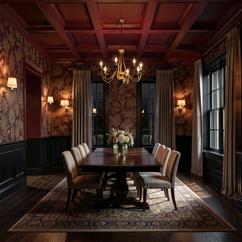 An elegant dining room with a dark wood rectangular table, eight upholstered chairs, a patterned area rug, a large chandelier, and ornate wallpaper under a dark wood coffered ceiling. floor plan to render ai