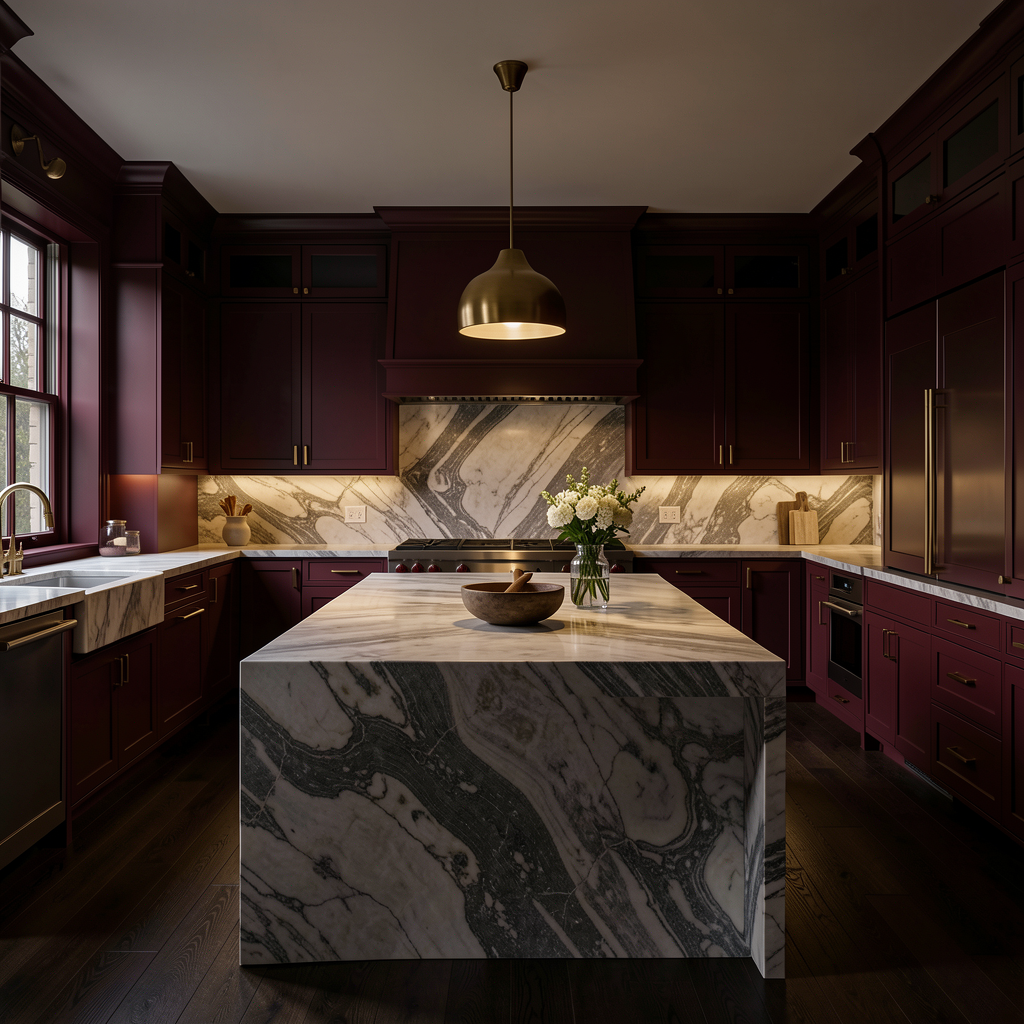 A luxury kitchen interior featuring deep burgundy wood cabinetry, a large marble island with dramatic gray veining, a matching marble backsplash, a brass pendant light, and dark wood flooring. floor plan to render ai