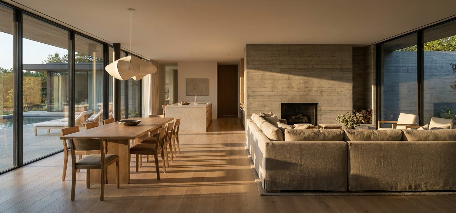 A modern open-plan living space with a large beige sectional sofa in the foreground, a wood dining table and chairs, floor-to-ceiling windows, and a concrete fireplace wall. The room is lit by warm natural sunlight with long shadows. floor plan to render ai