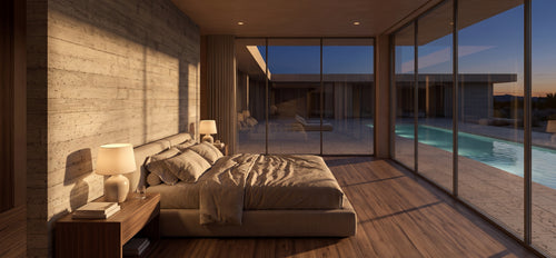 A modern bedroom interior with a low platform bed, beige bedding, a wooden nightstand with a lamp, and large floor-to-ceiling windows overlooking a pool at dusk. AI floor plan to render workflow, how to design a house with AI, AI luxury home rendering, Claude Code floor plan, AI architecture concept design kit, prompt to floor plan, vibe coding architecture, AI floor plan generator, AI house plan generator, AI home design tool, AI exterior design generator, floor plan to render ai