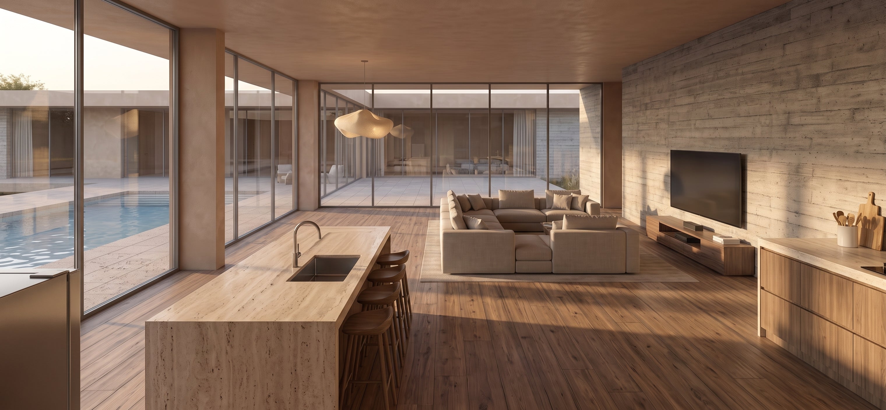 A modern open-plan interior with wood flooring, a large wood kitchen island, a light gray sectional sofa, a wall-mounted TV, and floor-to-ceiling windows overlooking a pool and outdoor patio. floor plan to render ai