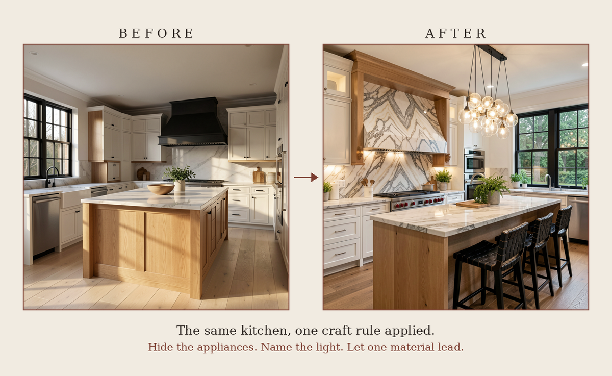Before-and-after kitchen transformation comparison showing a modern kitchen interior with white cabinetry, wood island, marble backsplash, pendant lighting, and large windows, with text reading BEFORE and AFTER and a short caption below.
