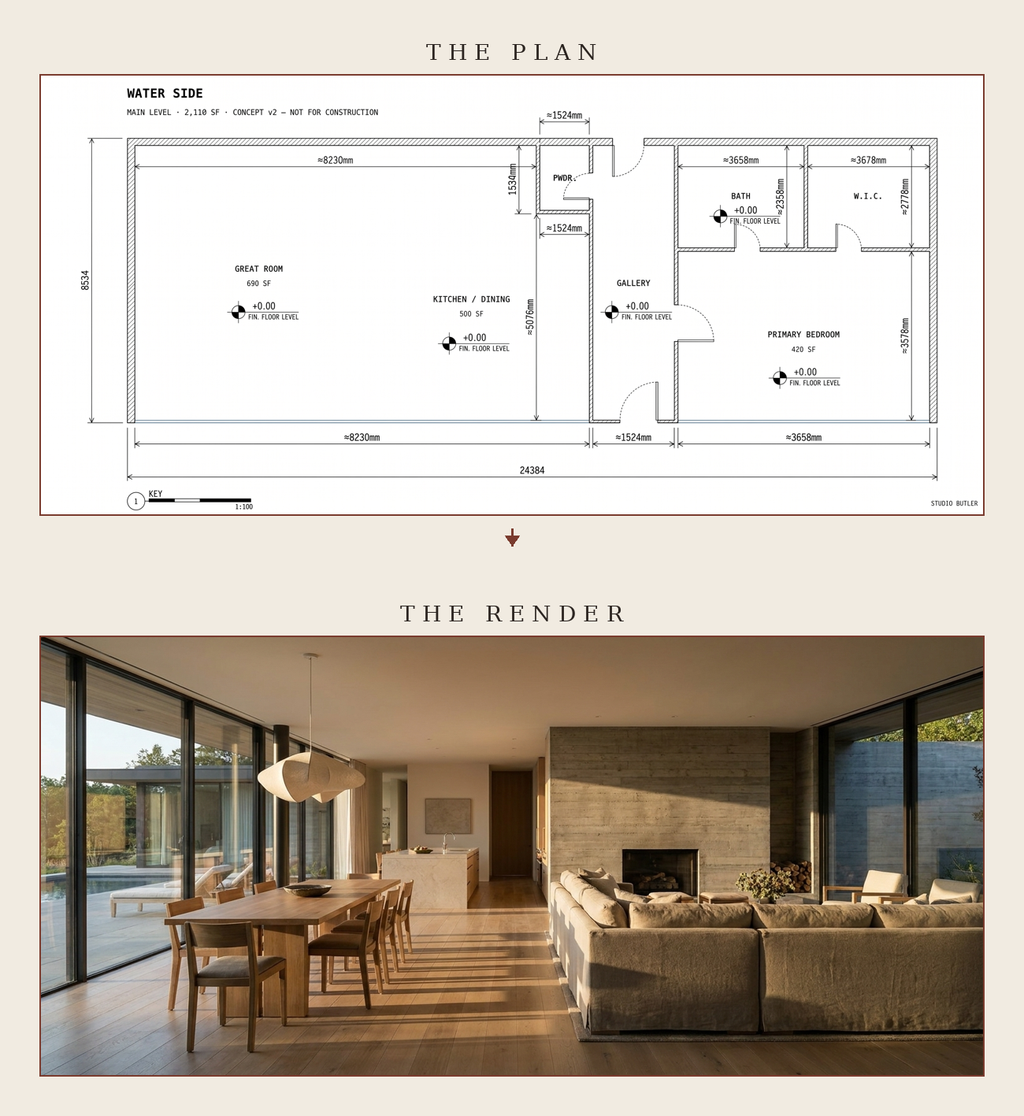 A two-panel architectural layout and interior render for a modern house plan. The top panel shows a labeled floor plan with dimensions and room labels on a beige background, and the bottom panel shows a rendered living space with a dining table, large windows, sofa, and fireplace.