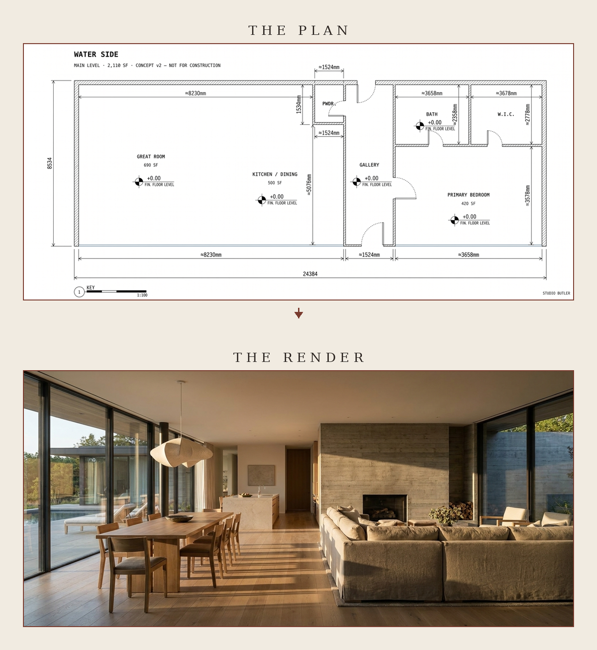 A two-panel architectural layout and interior render for a modern house plan. The top panel shows a labeled floor plan with dimensions and room labels on a beige background, and the bottom panel shows a rendered living space with a dining table, large windows, sofa, and fireplace.