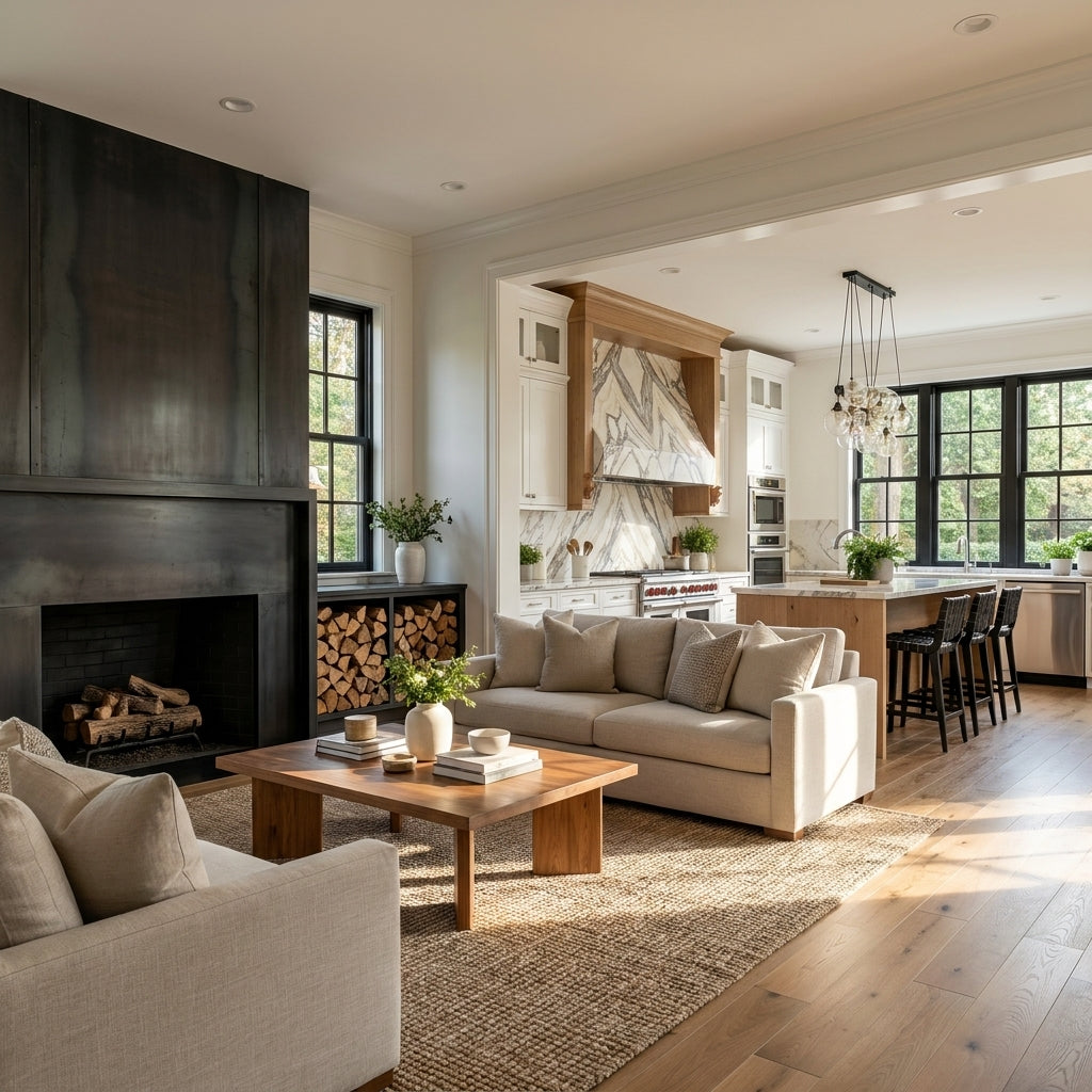 A bright, modern open-concept living room with a large dark wood fireplace, beige sofas, a wooden coffee table, and a woven area rug, with a kitchen visible in the background. floor plan to render ai