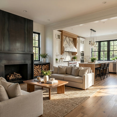 A bright, modern open-concept living room with a large dark wood fireplace, beige sofas, a wooden coffee table, and a woven area rug, with a kitchen visible in the background. floor plan to render ai