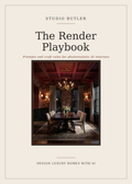 A book cover for 'The Render Playbook' by Studio Butler, featuring a central interior rendering of a dark wood dining room with a chandelier, patterned wallpaper, and a large rug, set against a warm cream background.
