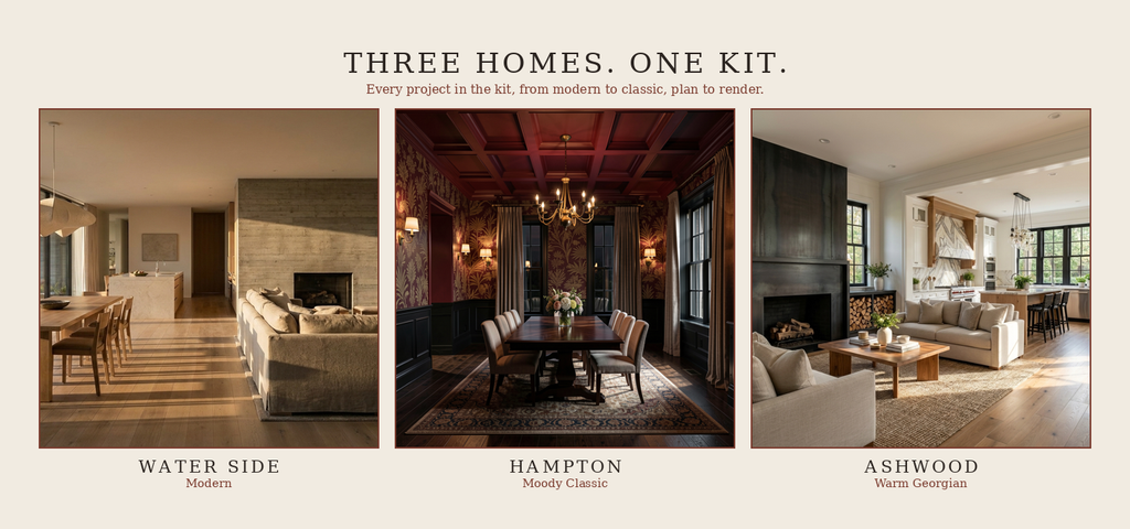 A promotional collage titled 'THREE HOMES. ONE KIT.