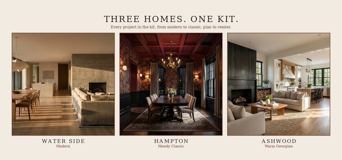 A promotional collage titled 'THREE HOMES. ONE KIT.