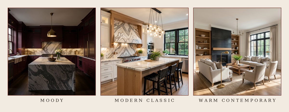 A triptych comparison of three kitchen and living room design styles labeled 'MOODY', 'MODERN CLASSIC', and 'WARM CONTEMPORARY'. The left panel shows a moody dark kitchen with deep plum cabinets and a marble island.
